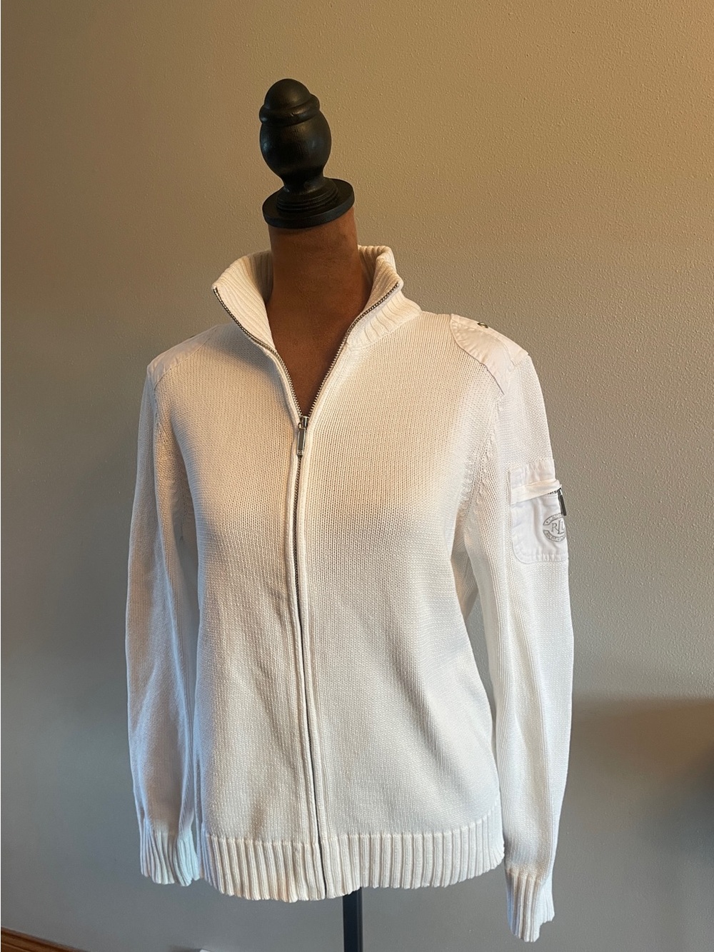 Vintage Ralph Lauren White Zip-Front Knit Bomber Sweater - Women's